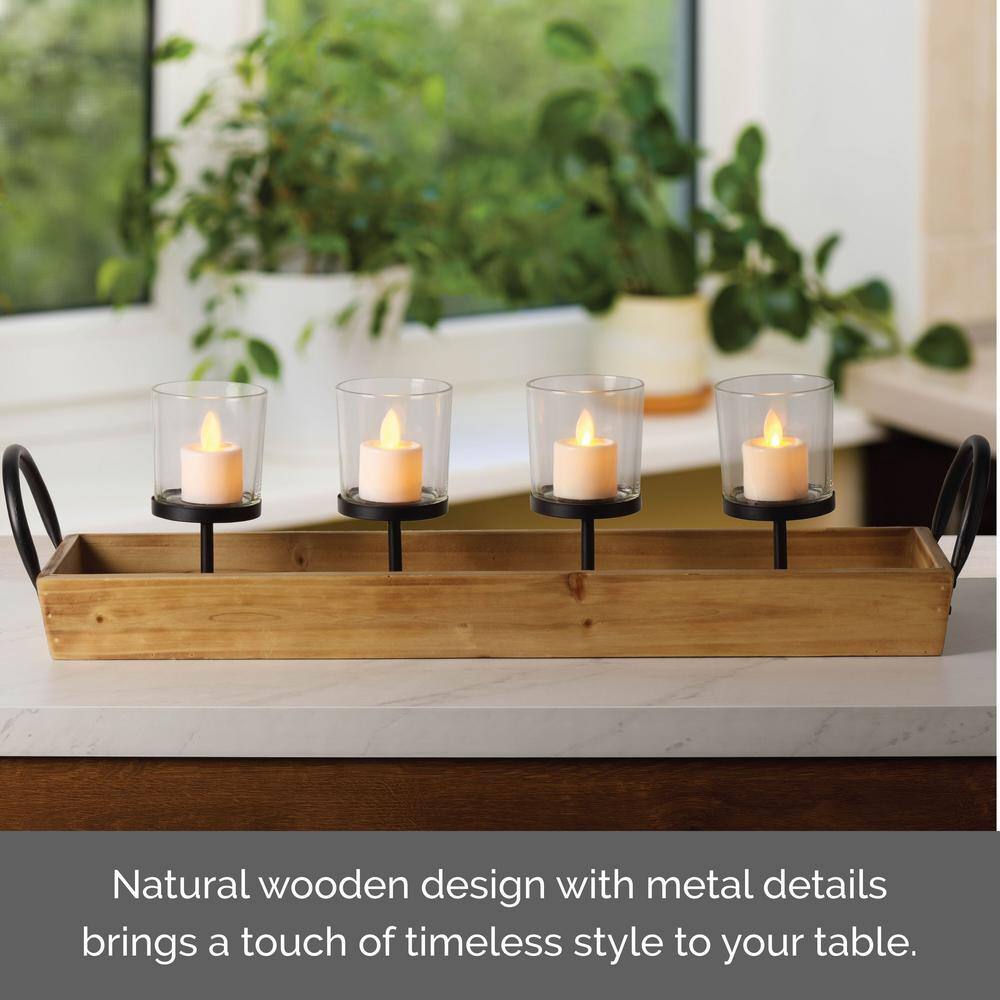 Natural Wood and Glass 24-Inch Votive Candelabra with Metal Handles