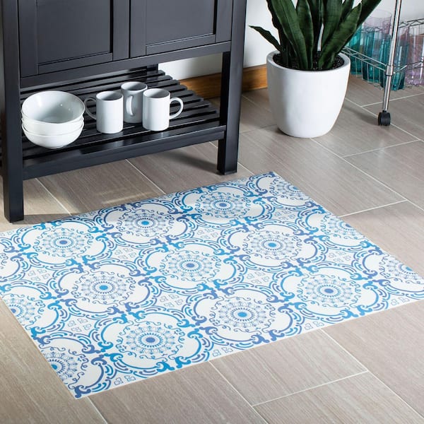 Vinyl Floor 3 ft. x 3 ft. Blue/Ivory Geometric Floral Area Rug
