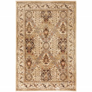 5' X 7' Beige Grey Dolphin Blue Deep Teal Gold And Orange Oriental Power Loom Stain Resistant Area Rug