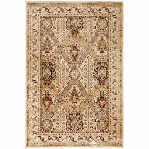 HomeRoots 5' X 7' Beige Grey Dolphin Blue Deep Teal Gold And Orange Oriental Power Loom Stain Resistant Area Rug