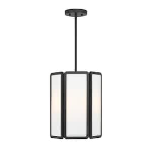 Leeds 12 in. W x 14.38 in. H 3-Light Matte Black Transitional Pendant Light with White Opal Glass Shades