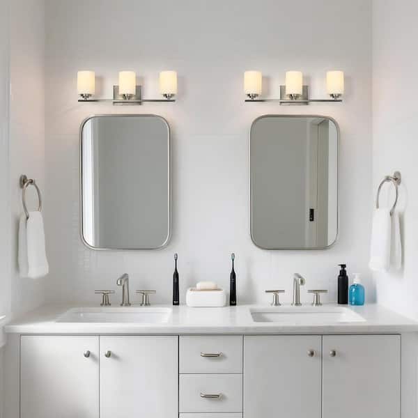 Classic 23 in. 3-Light Brushed Nickel Bath Vanity Light with White Frosted Glass, Powder Room Wall Light, LED Compatible