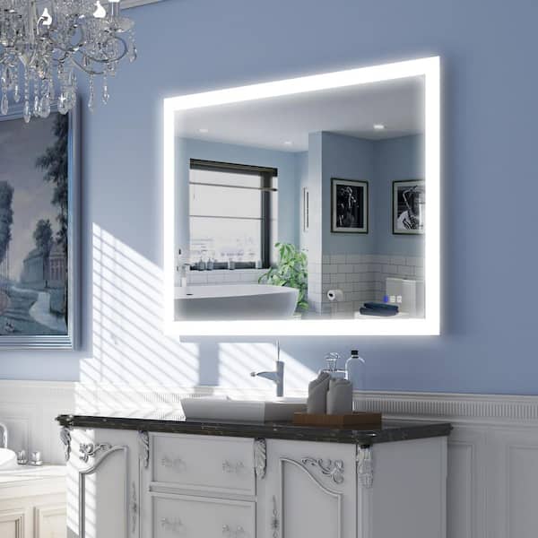 WELLFOR Ultra Bright 48 in. W x 36 in. H Large Rectangular Frameless LED Light Anti-Fog Wall Bathroom Vanity Mirror in Aluminum