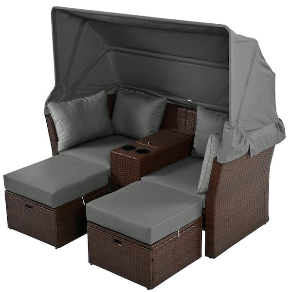 Staykiwi Brown Wicker Outdoor Day Bed with Grey Cushions and Foldable Awning