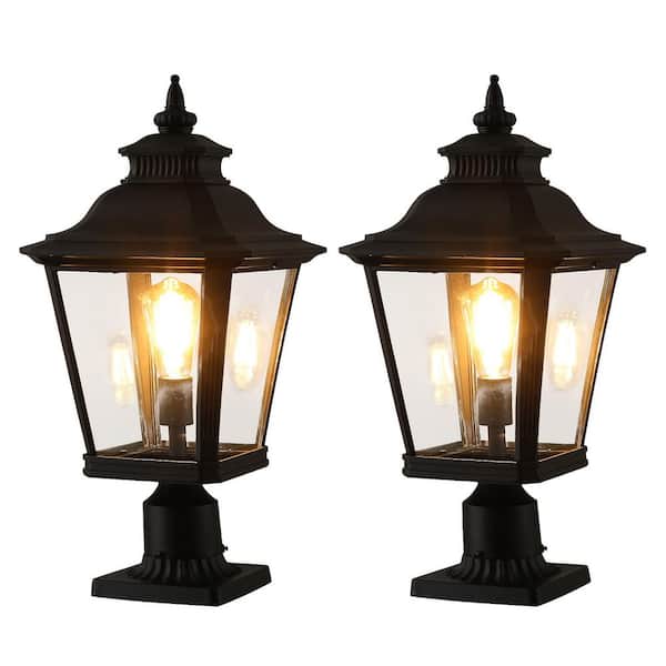 1-Light 20.8 in. H Black Aluminum Hardwired Outdoor Weather Resistant Post Light Set 2-Pack with No Bulbs Included