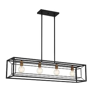 Within 60-Watt 4 Light Matte Black Linear Pendant with Cage Shade