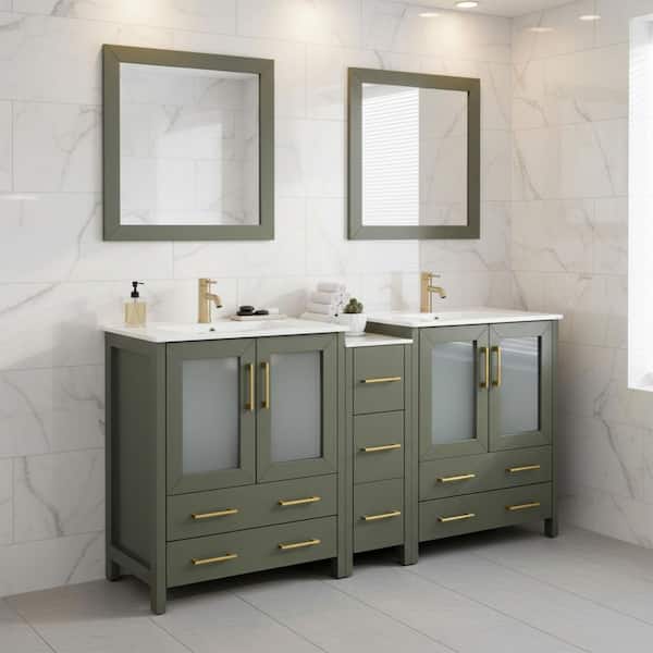 72 in. W x 18 in. D x 36 in. H Vintage Green Bath Vanity with White Ceramic Top and Mirror