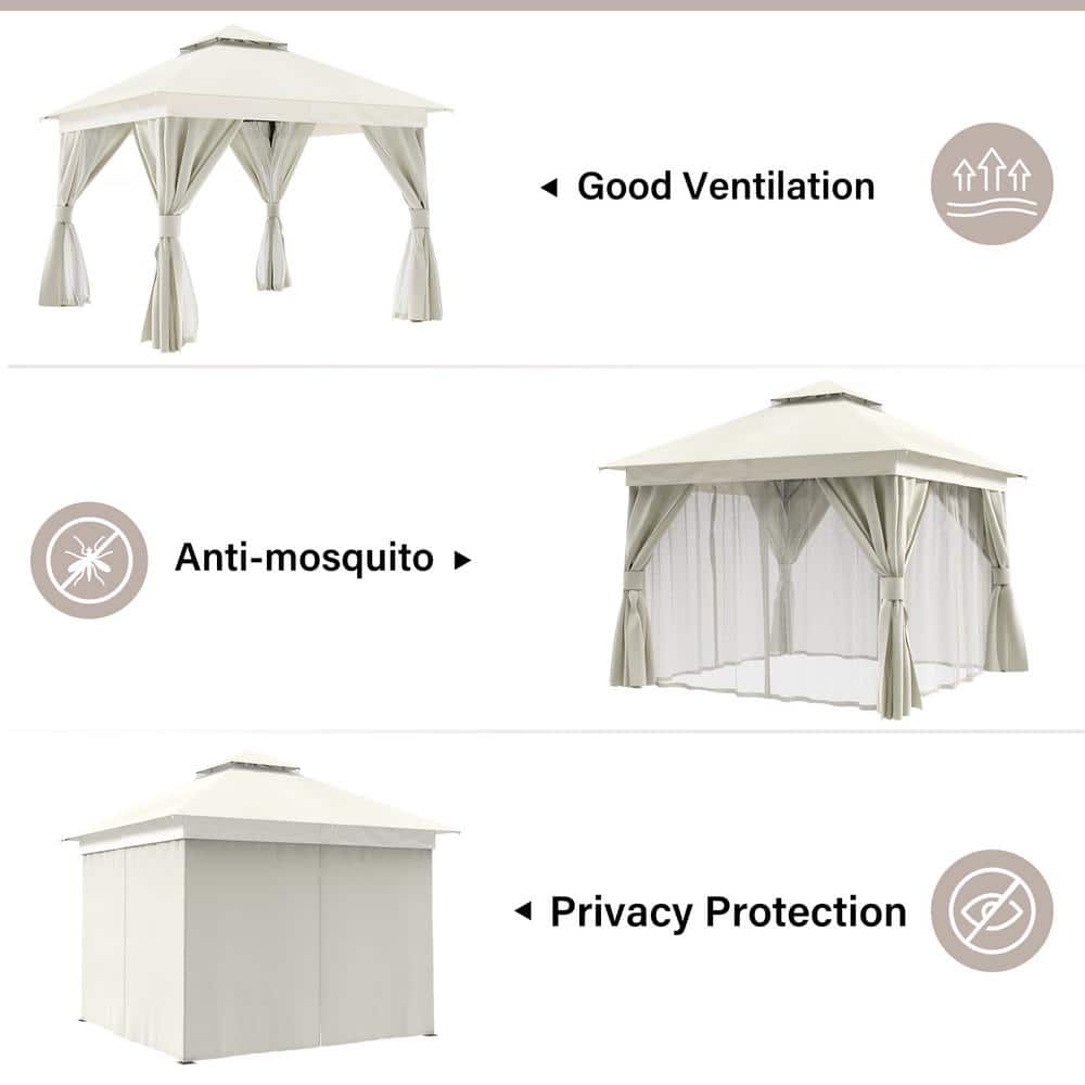 Creamy White Steel Patio Gazebo with Mosquito Netting and Curtains