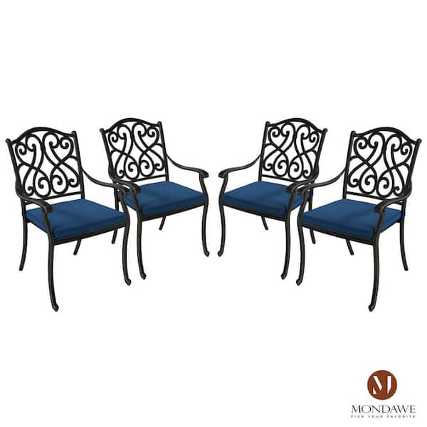 Mondawe Black Cast Aluminum Metal Outdoor Patio Stackable Retro Pattern Dining Chair with Blue Cushions for Yard Gazebo(4-Pack)