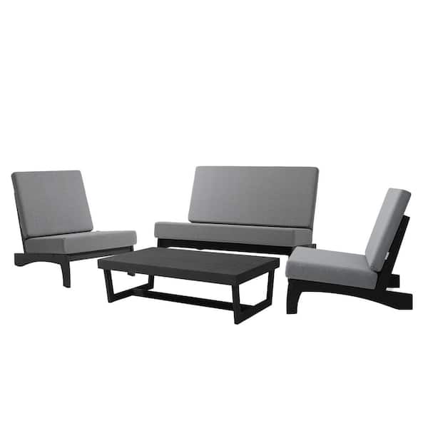 Black 4-Piece Teak Patio Conversation Set with Removable Gray Cushions and Coffee table