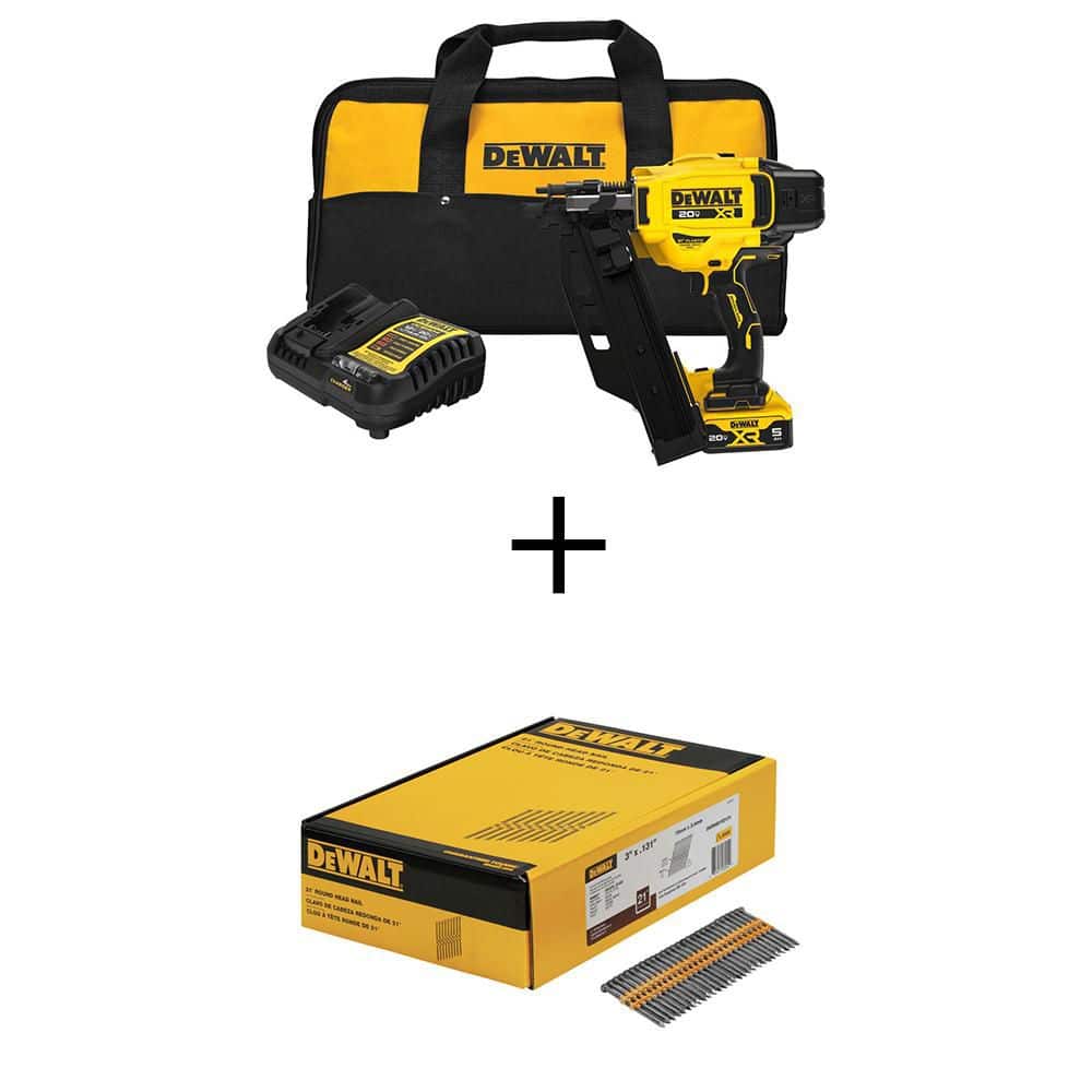 DEWALT 20-Volt 21° Cordless Framing Nailer Kit and 3 in. Metal Framing Nail 2000-Per Box w/ 5Ah Lithium-Ion Battery and Charger DCN920P1W10D131