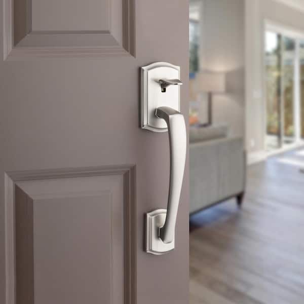 Prescott Satin Nickel Door Handleset Only with Tustin Door Handle in Satin Nickel