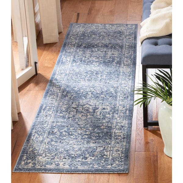 Charleston Navy/Cream 2 ft. x 18 ft. Distressed Border Runner Rug