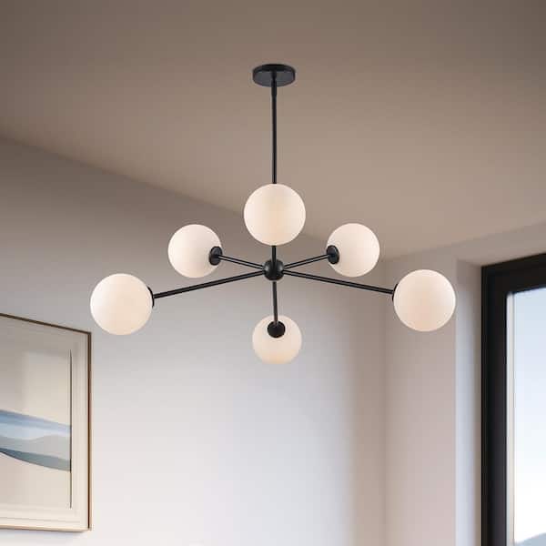 39 in. 6-Light Black Sputnik Pendant Light Fixture with Opal Glass Globe Shades