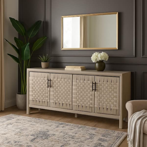 Pam Light Beige and Black Wood Sideboard Buffet Cabinet with 4 Woven Doors