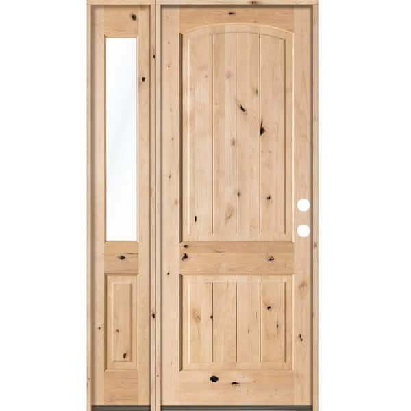 Krosswood Doors 44 in. x 96 in. Rustic Unfinished Knotty Alder Arch-Top VG Left-Hand Left Half Sidelite Clear Glass Prehung Front Door