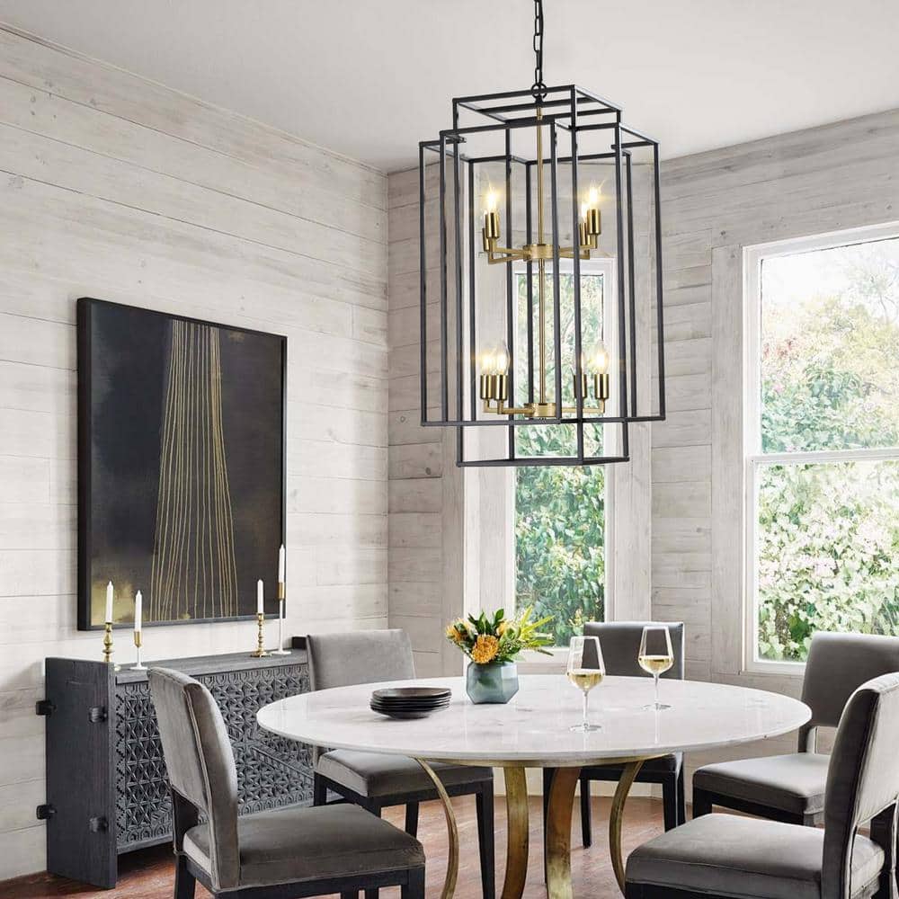 Black and Gold Geometric Metal Cage Chandelier with 8 Lights