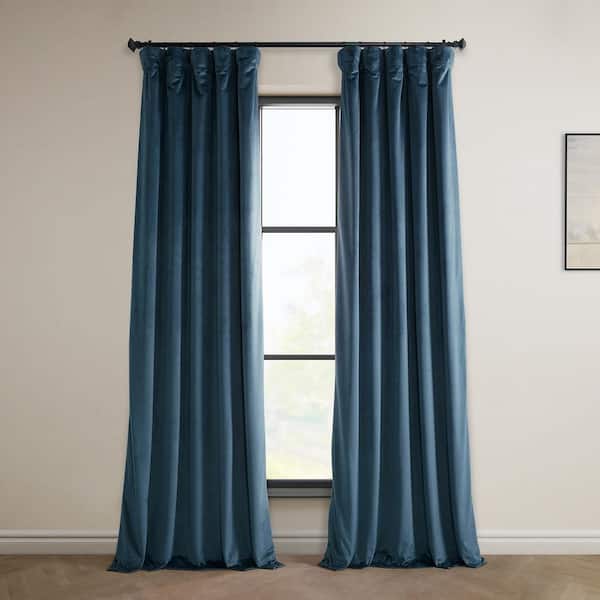 Exclusive Fabrics & Furnishings Avalon Blue Velvet Rod Pocket Room Darkening Curtain - 50 in. W x 84 in. L Single Panel Window Velvet Curtain