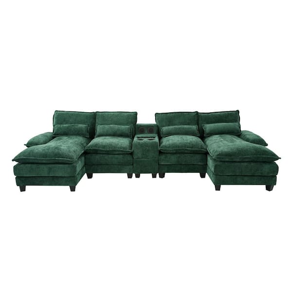 Modern 126 in. 4-Pieces Fabric Upholstered U-Shaped with Wireless Charging and Bluetooth Audio Sectional Sofa in Emerald
