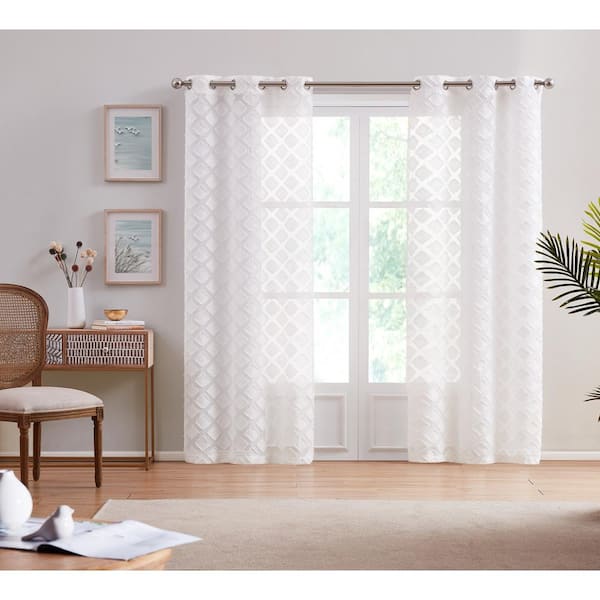 Dainty Home Katie White Semi Sheer 3D Diamond Textured Embroidered Designed Sheer 76 in. W x 96 in. L ( Set of 2)