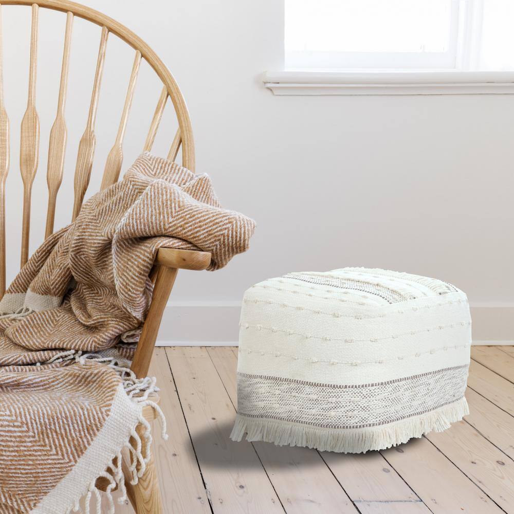 Ivory and Brown Shag Fringe Textured Square Pouf, 18" x 14"