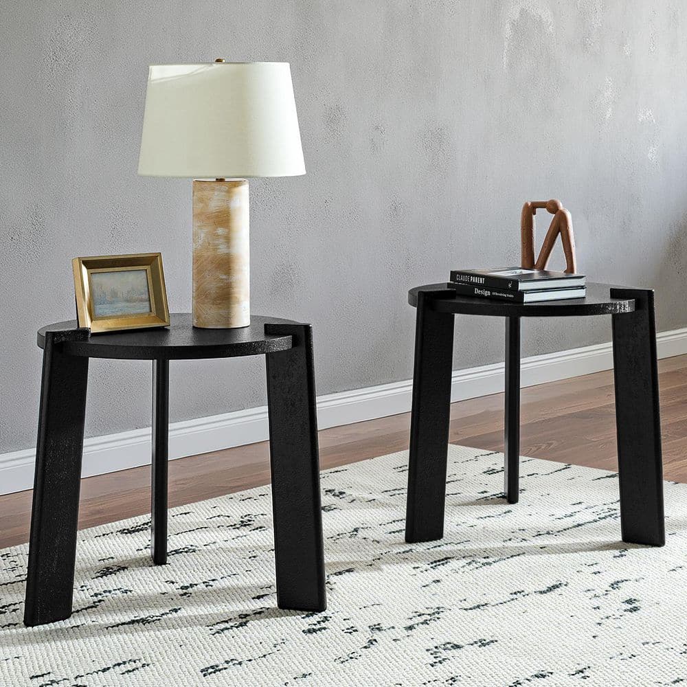 JAYDEN CREATION Ian 22 in. Black Round Wood End Table with Faux Brass ...
