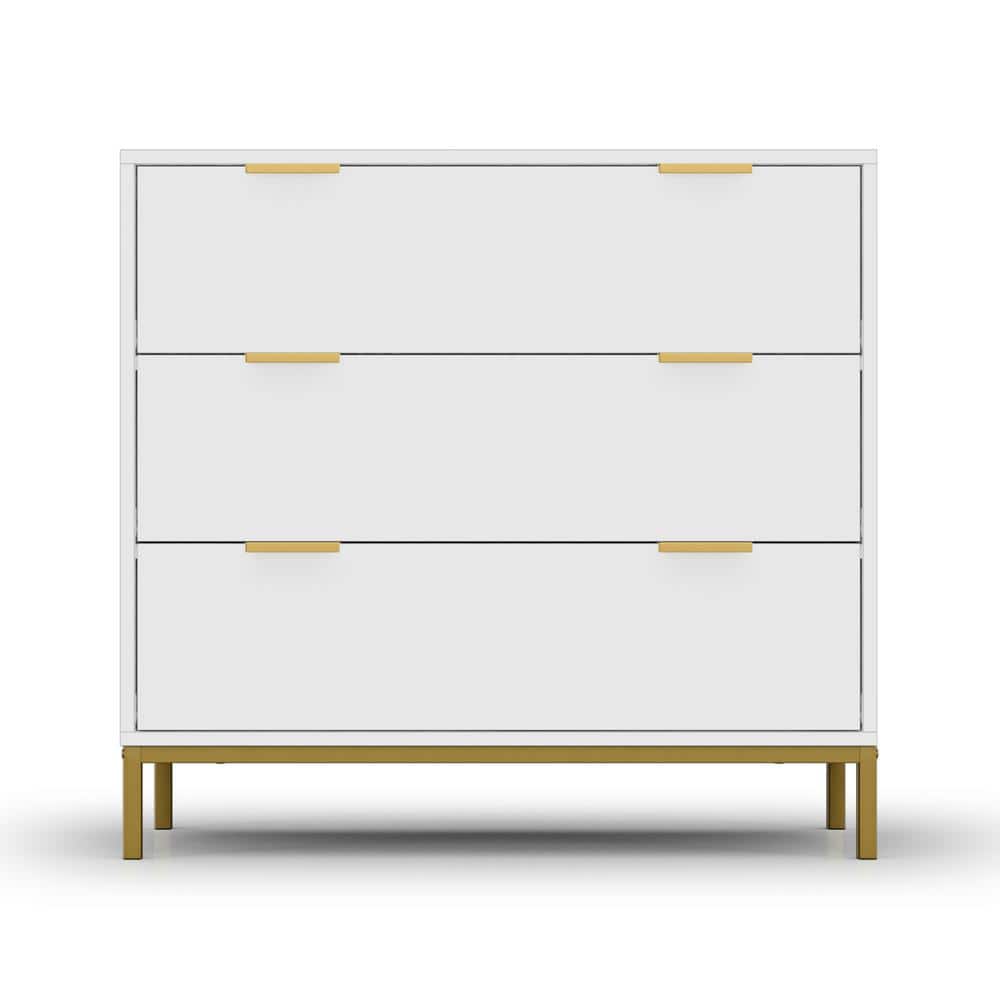 White MDF 3-Drawer Chest with Gold Accents