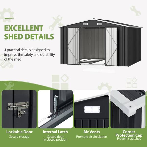 Sizzim 10 ft. W x 10 ft. D Black Outdoor Storage Metal Shed with