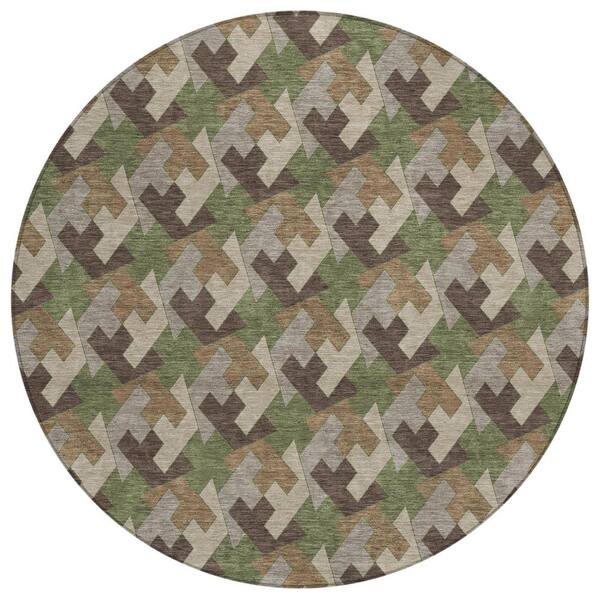 Chantille Machine Washable Indoor/Outdoor Abstract ACN2851 Olive 8 ft. x 8 ft. Round Rug