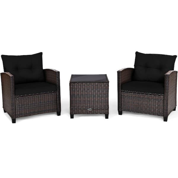 Gymax 3-Pieces Outdoor Patio Rattan Conversation Set Garden Yard with Black Cushions