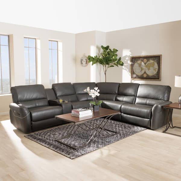 Baxton Studio Amaris 5 Piece Gray Faux, Rounded Leather Sectional Sofa