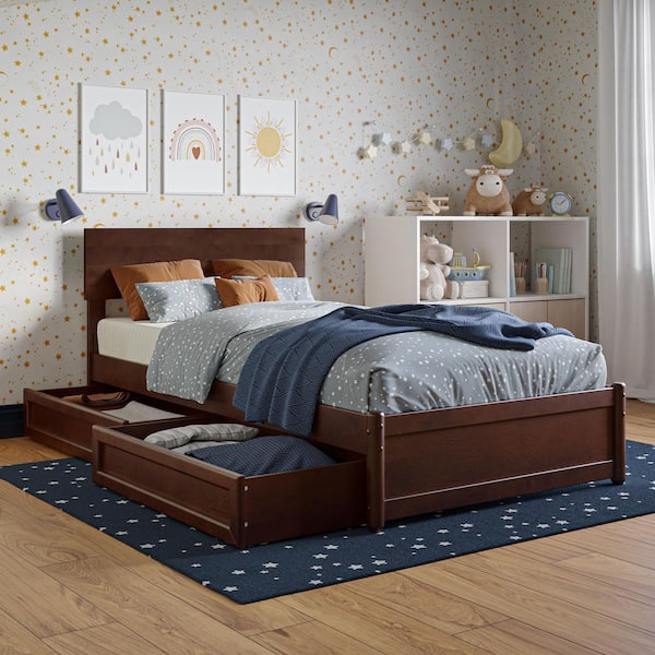 AFI Wesley Walnut Brown Solid Wood Frame Twin Platform Bed with Panel Footboard and Storage Drawers