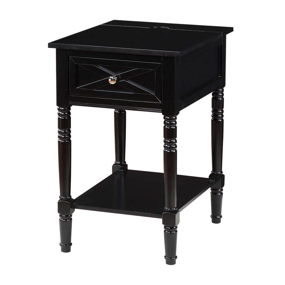 Black Wood End Table with Charging Station and Storage