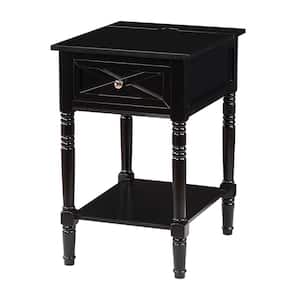 Country Oxford 16 in. Black Tall Rectangle Wood End Table with 1-Drawer, Charging Station and Shelf