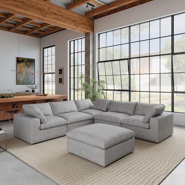 6-Piece 117.9 in. Square Arm Linen Modular Free Combination Sofa with Storage Ottoman in Gray