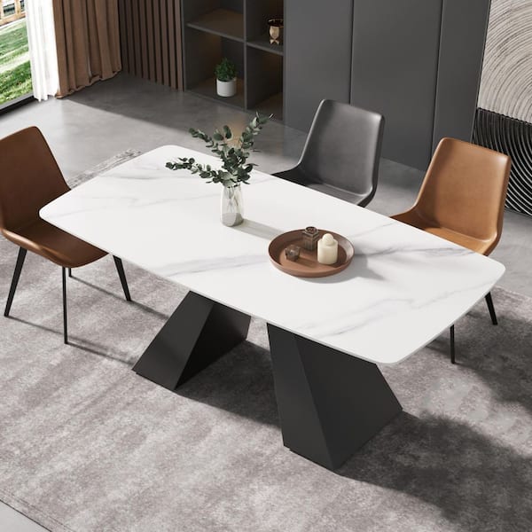 Magic Home 70.87 in. Rectangle White Round Edge Sintered Stone Top Pedestal Black Metal Base Dining Table (Seats 6)