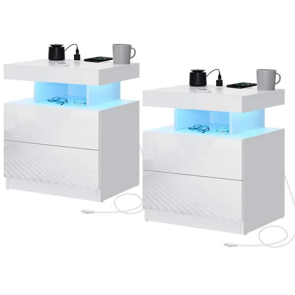 Hommpa Modern White 2-Drawers 19.7 in. W x 22.83 in. H x 15.8 in. D Nightstand with Wireless Charger and LED Light (Set of 2)