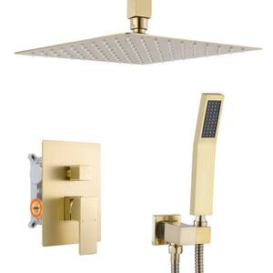 Single-Handle 2-Spray 16 in. Ceiling Mount Rainfall Shower Heads 360° Swivel with Hand Shower Faucet in Brushed Gold