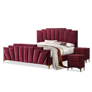 Cedarbrook 3-Piece Art Deco Red Upholstered Metal King Bedroom Set with 2-Nightstands