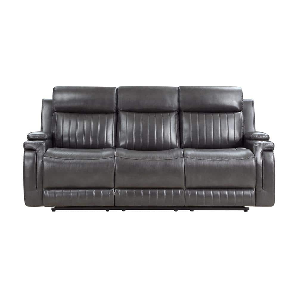 Gray Faux Leather Reclining Sofa with Cup Holders