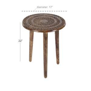 17 in. Dark Brown Handmade Intricately Carved Floral Large Round Wood End Table with 3 Slender Legs
