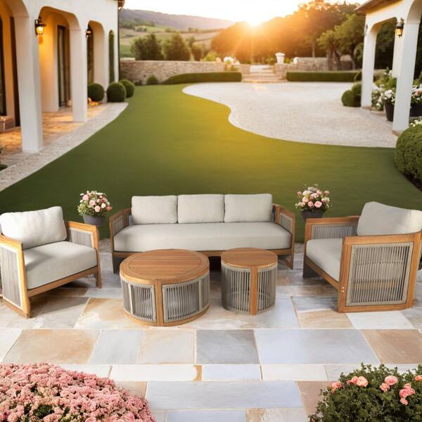 Guzal 5-Piece Acacia Wood Patio Outdoor Conversation Set With Cream Cushions
