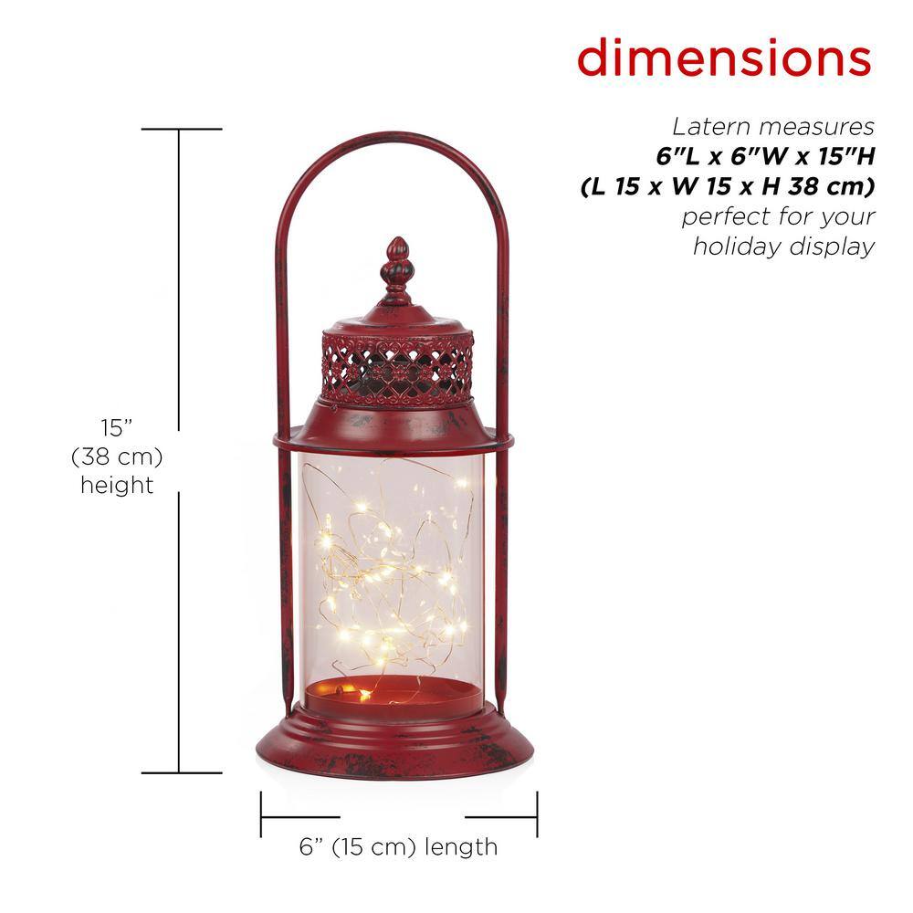 Red Antique Metal and Glass Lantern with Warm LED Lights