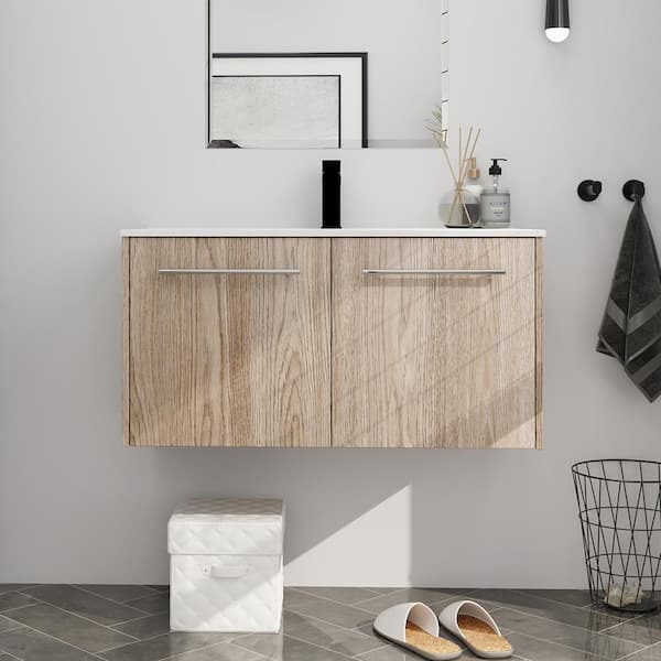 FAMYYT 36 in. W x 18.1 in. D x 18.3 in. H Single Sink Wall Mount Bath Vanity in White Oak with White Ceramic Top