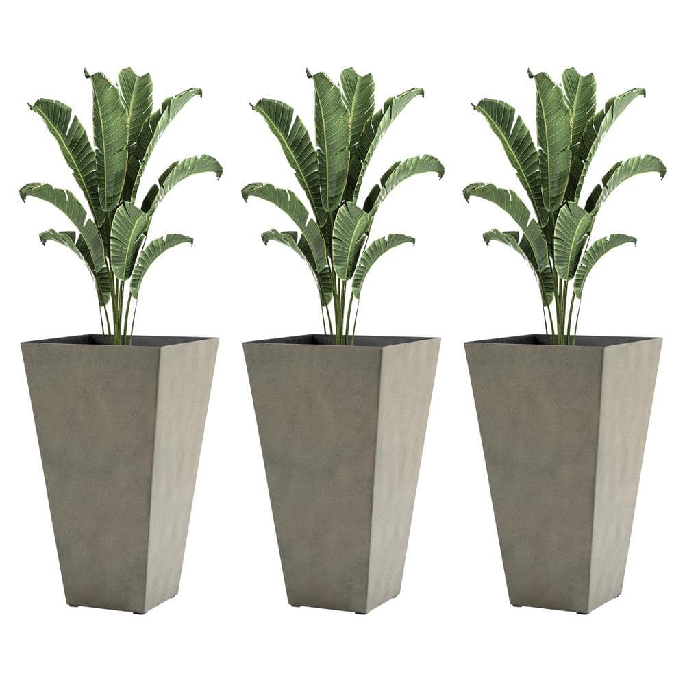 Set of 3 Tall Gray Polypropylene Square Planters with Drainage Hole