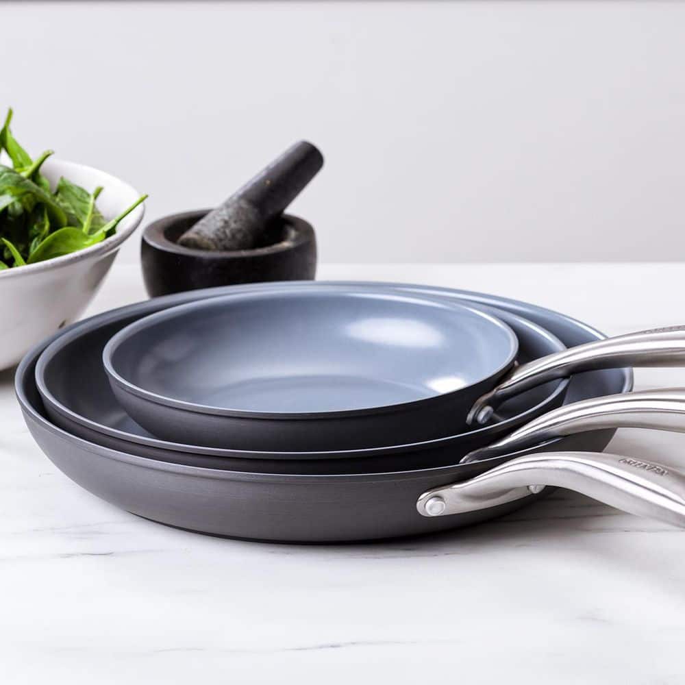 Gray Aluminum Ceramic Nonstick Fry Pan Set with Stainless Steel Handles