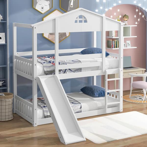Harper & Bright Designs White Twin Wood House Bunk Bed with Convertible Slide and Ladder