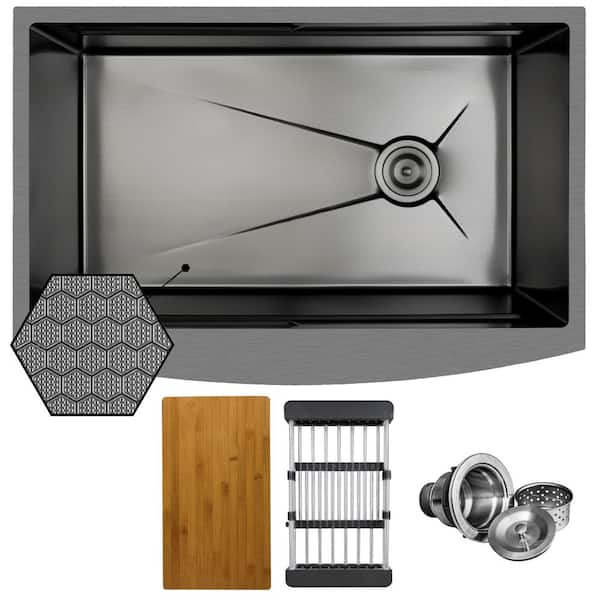 HEX 33 in. Farmhouse Apron Front Single Bowl Gunmetal Black Stainless Steel Workstation Kitchen Sink with Cutting Board
