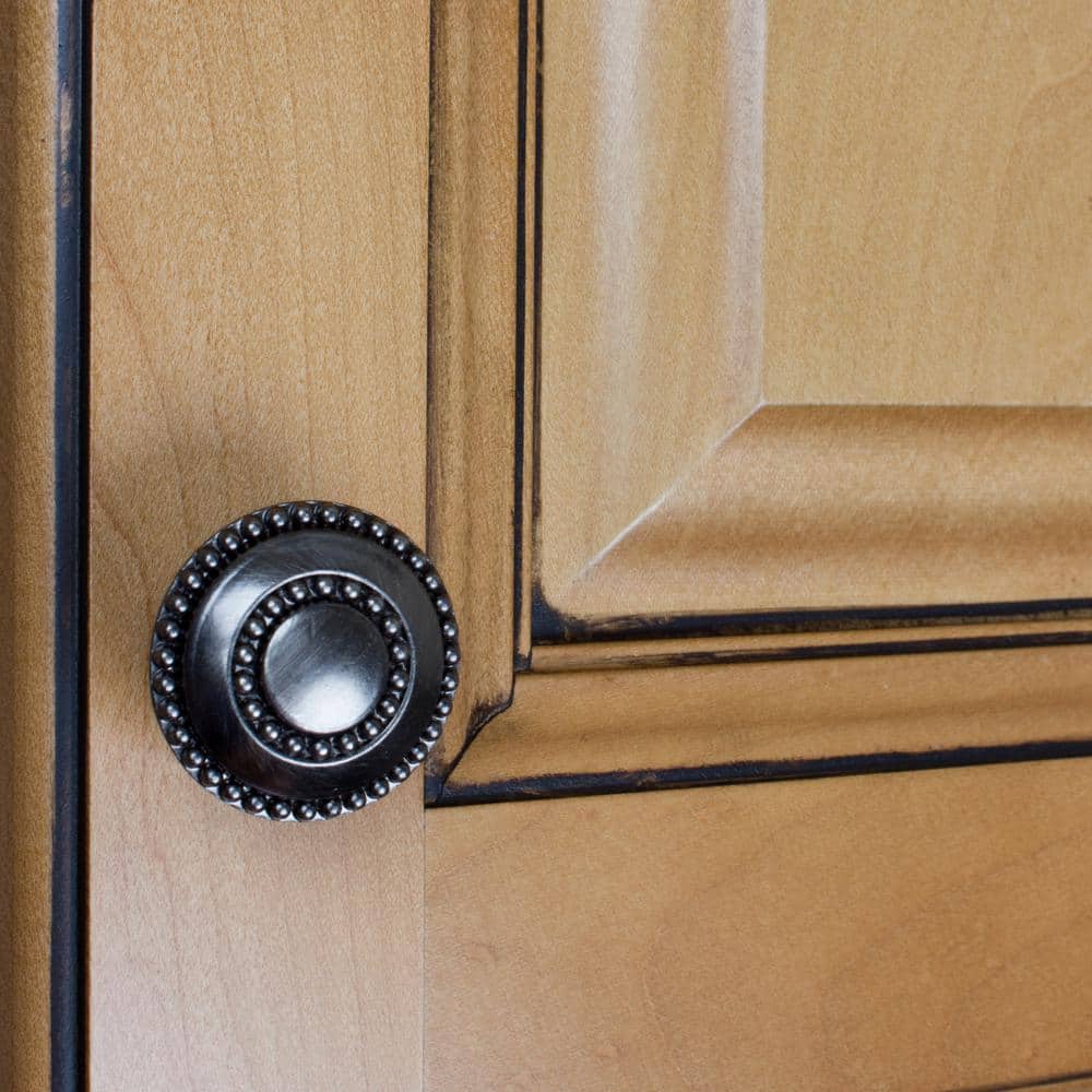 Brushed Pewter Round Double-Ring Beaded Cabinet Knobs Set