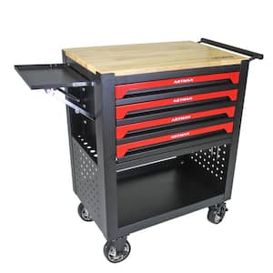 4-Tier Metal 4-Wheeled Multifunctional Cart in Black with Handle and Tool Set